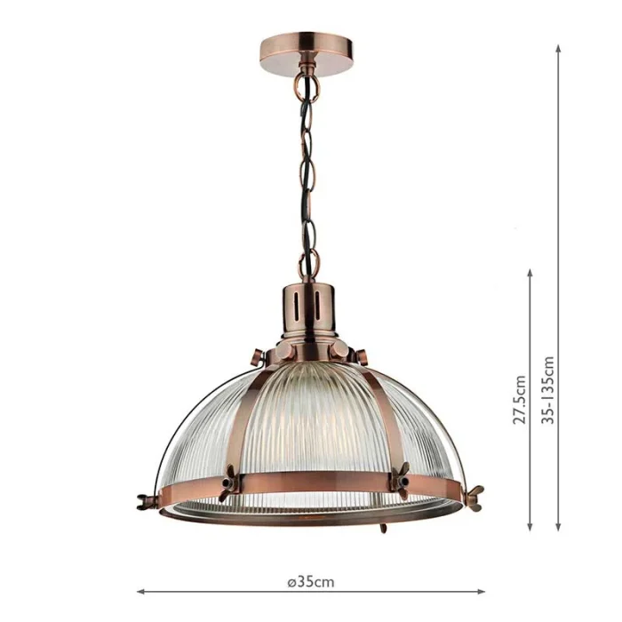 Antique Copper Ribbed Glass Pendant Light Measurements