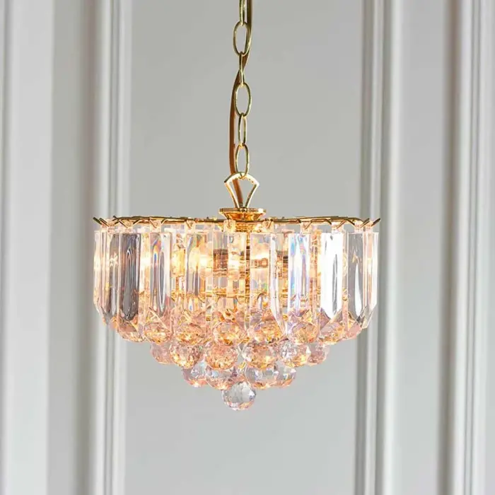 Brass Effect Pendant Light With Acrylic Crystal Droplets