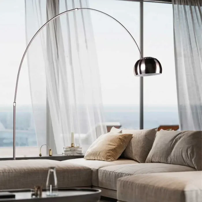 Modern arc floor lamp in a sleek chrome finish