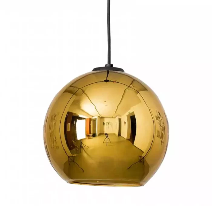 Globe pendant light in gold finish with black cable