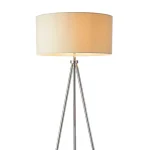 Tripod modern floor lamp in polished chrome finish with ivory linen fabric shade