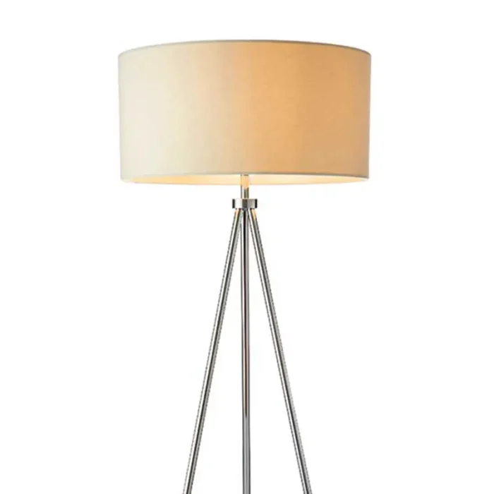 Tripod modern floor lamp in polished chrome finish with ivory linen fabric shade