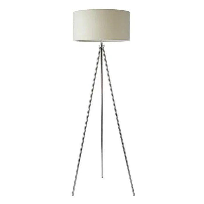 Tripod modern floor lamp in polished chrome finish with ivory linen fabric shade