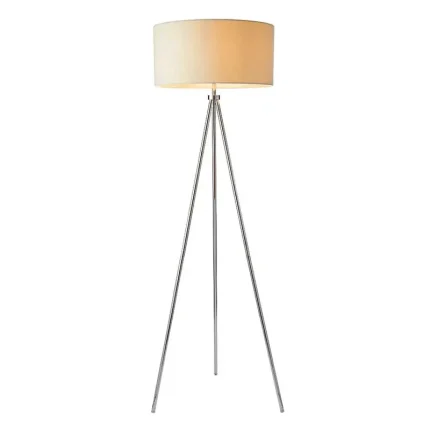 Tripod modern floor lamp in polished chrome finish with ivory linen fabric shade