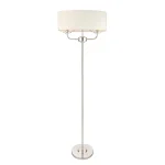 Floor lamp in bright nickel finish with vintage white faux silk shade