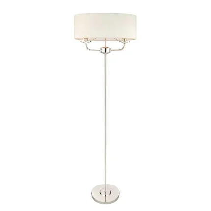 Floor lamp in bright nickel finish with vintage white faux silk shade