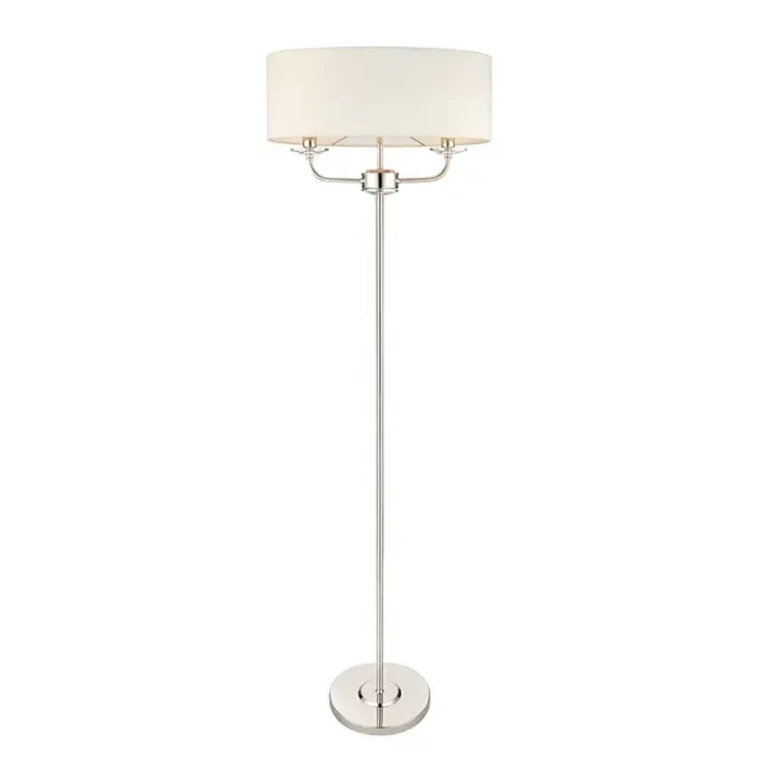 Floor lamp in bright nickel finish with vintage white faux silk shade