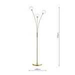 Floor lamp in satin brass finish feature three curved arms, each adorned with frosted glass shade