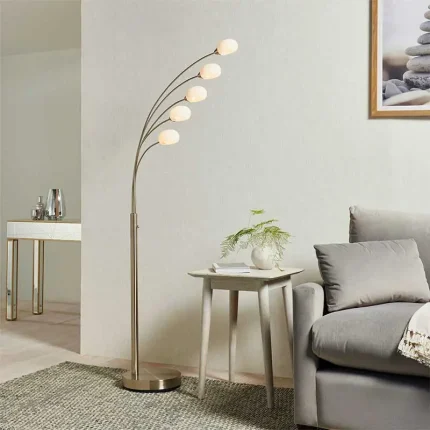 LED floor lamp in satin nickel finish feature a multi arm design