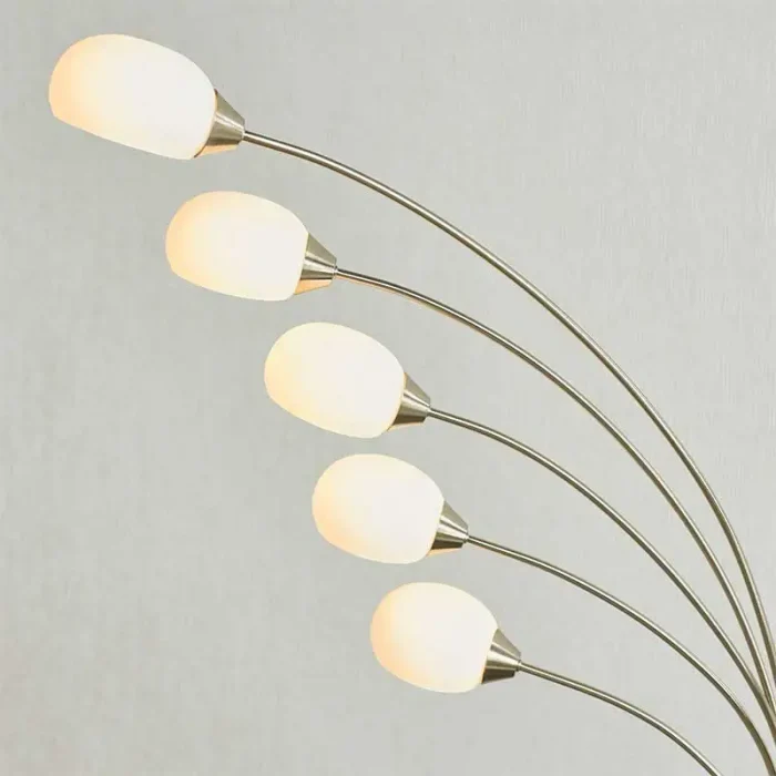 LED floor lamp in satin nickel finish feature a multi arm design