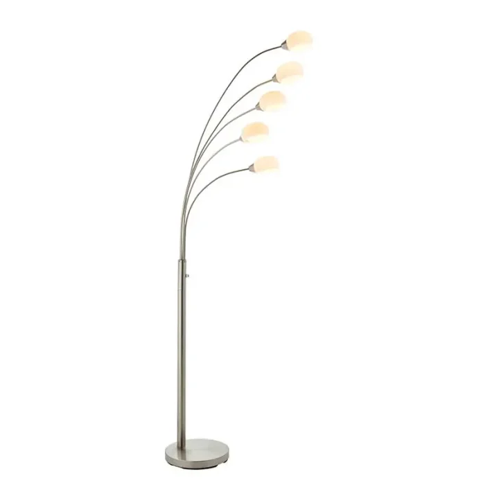 LED floor lamp in satin nickel finish feature a multi arm design