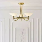 Semi flush design pendant light in antique brass finish with white shades