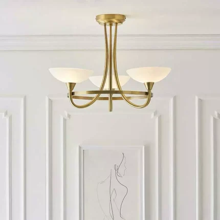 Semi flush design pendant light in antique brass finish with white shades