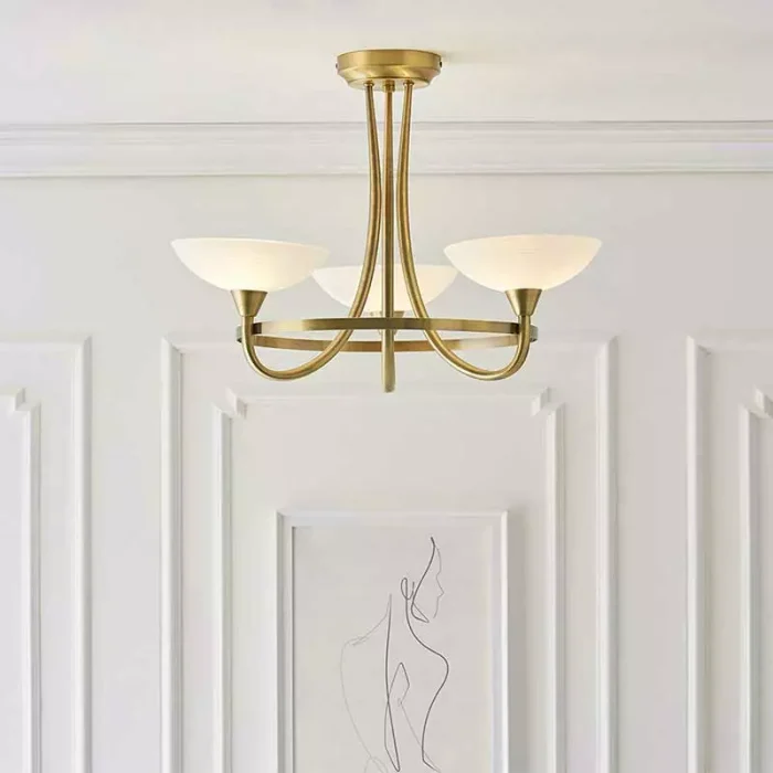 Semi flush design pendant light in antique brass finish with white shades