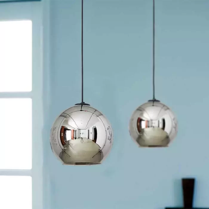 Globe pendant light in silver colour with black cable