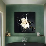 Splash printed photography wall art showcases a stunning white flower with open petals