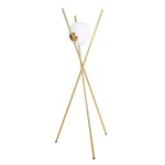 Tripod design floor lamp in brass finish with white shade