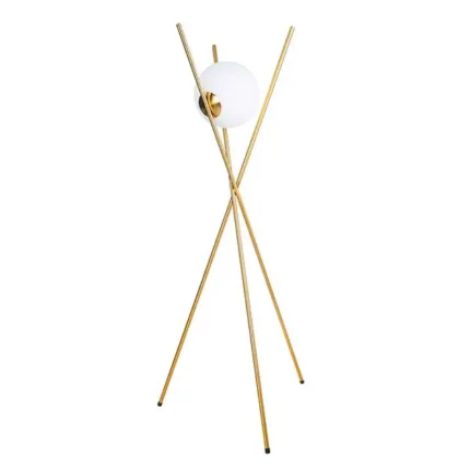 Tripod design floor lamp in brass finish with white shade