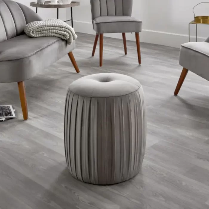 Dove Grey Velvet Buttoned Cylinder Pouffe