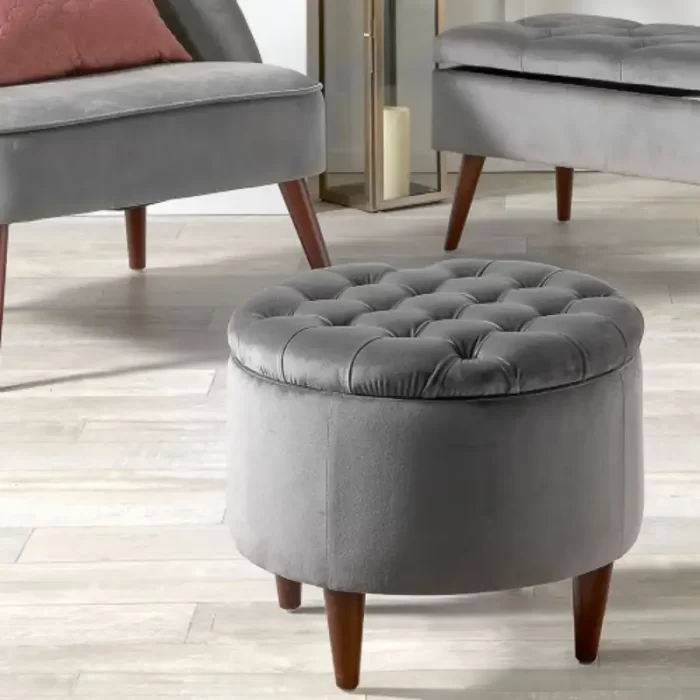 Grey Velvet Buttoned Pouffe with Storage