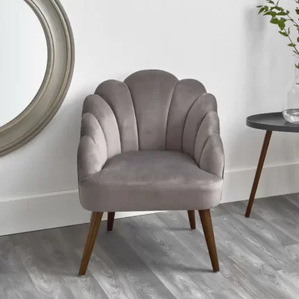 Grey Velvet Shell Chair with Walnut Legs