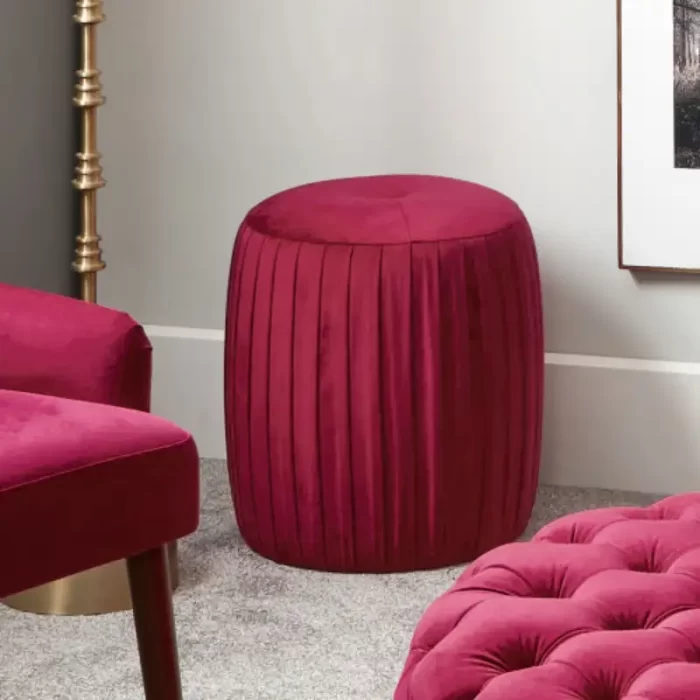 Raspberry Velvet Buttoned Cylinder Pouffe