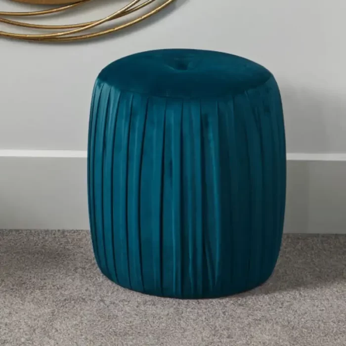 Sapphire Blue Velvet Buttoned Cylinder Pouffe