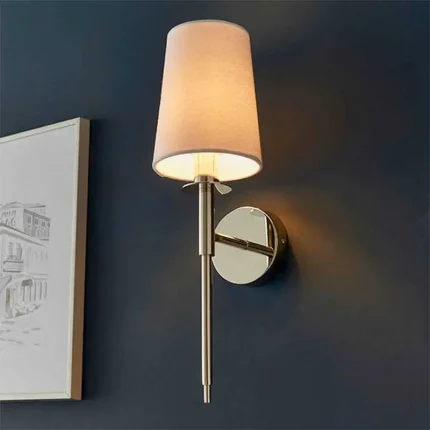 Wall light in bright nickel plated finish with white shade