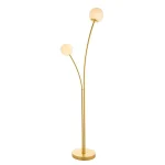 Floor lamp in brushed gold finish with white glass shades