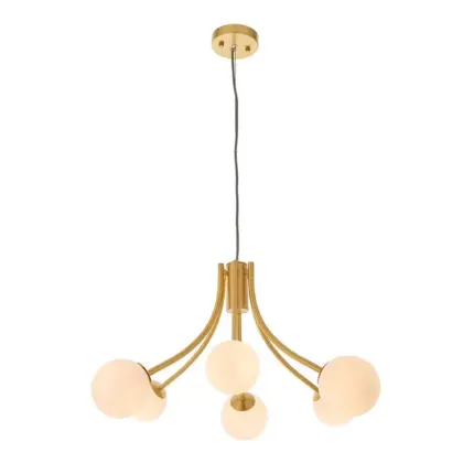 Pendant light in brushed gold finish with white glass shades