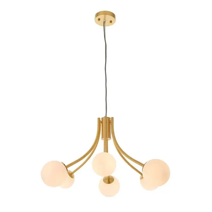 Pendant light in brushed gold finish with white glass shades