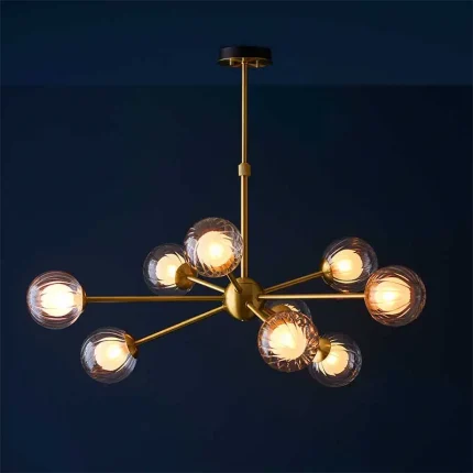 Satin brass glass pendant light in multi arm design.