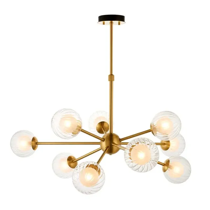 Satin brass glass pendant light in multi arm design.