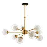 Satin brass glass pendant light in multi arm design.