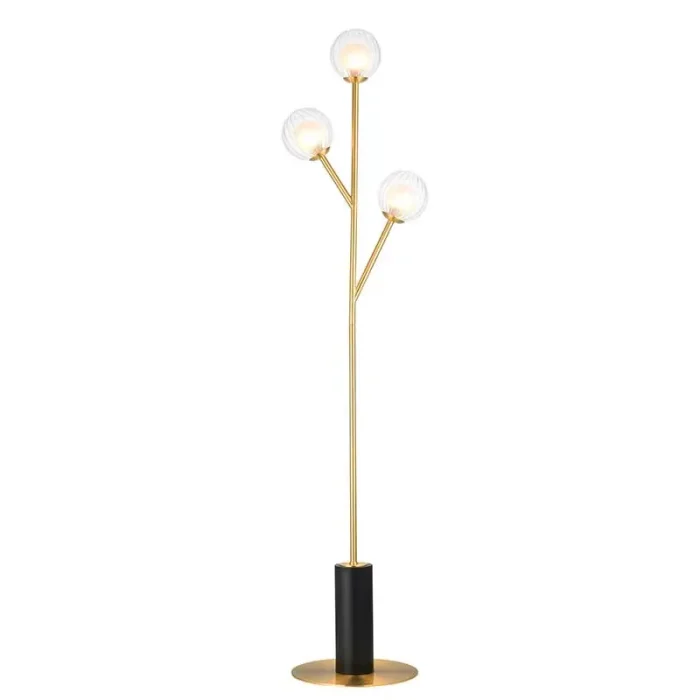 Floor lamp made from satin brass plated metalwork with matt black details