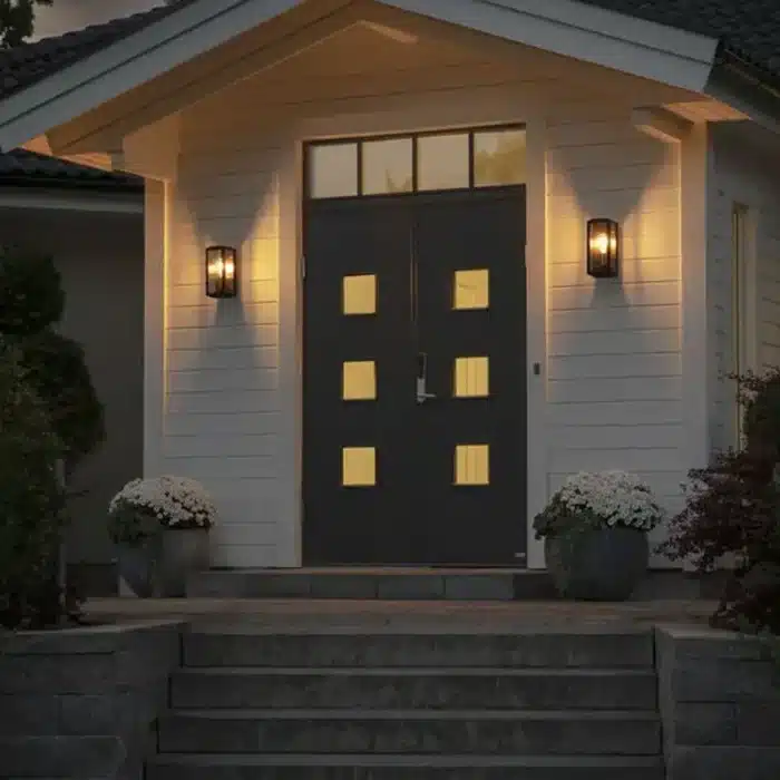 Black clear glass outdoor wall light at entrance