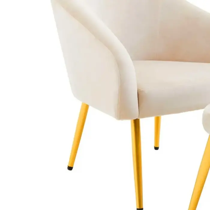 Dark beige velvet chair with footstool and gold finish metal legs