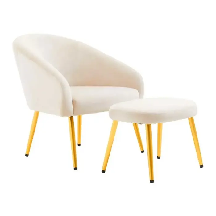 Dark beige velvet chair with footstool and gold finish metal legs