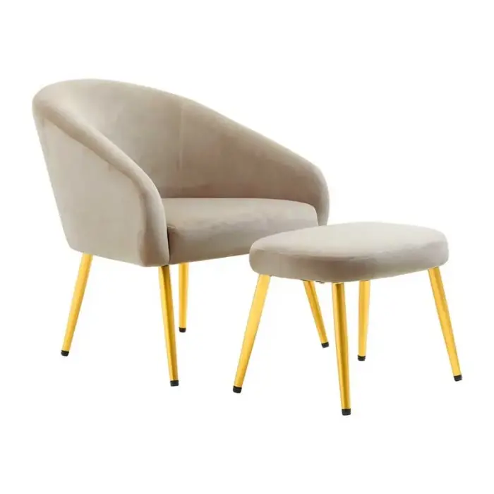 Mink velvet chair with footstool and gold metal finish legs