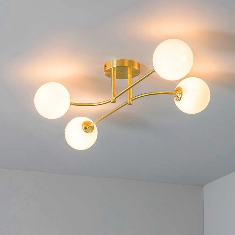 Endon 75959 Otto 4lt Semi Flush Ceiling Light in Brushed Brass Finish With Opal Glass Shades