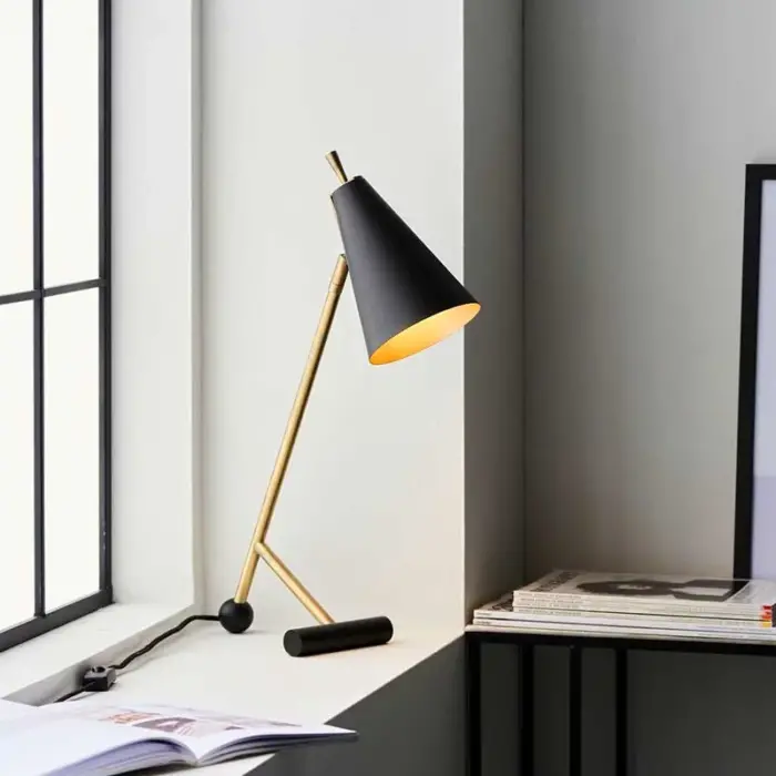 Adjustable head table lamp in matt black and antique brass finish for bedroom, living room, dining room or hallway