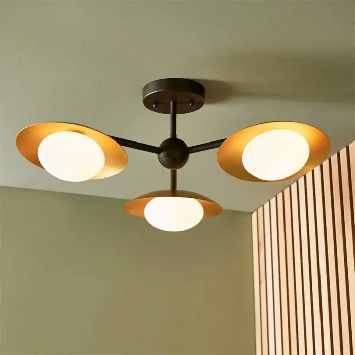 Gold & Black Dish Semi Flush Ceiling Pendant Light