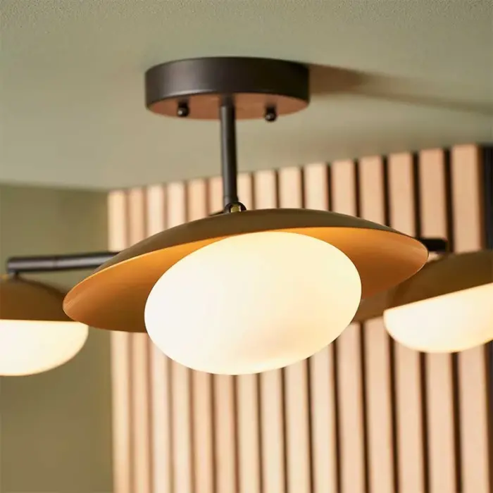 Gold & Black Dish Semi Flush Ceiling Pendant Light