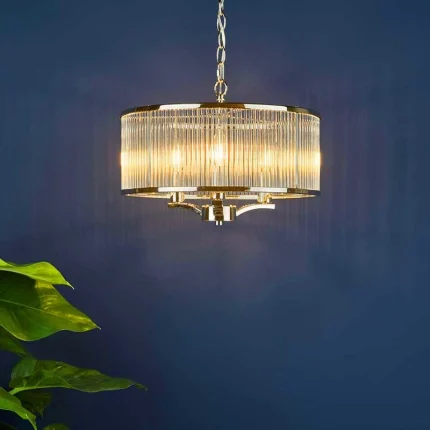 Polished Nickel Rodded Drum Glass Pendant Light