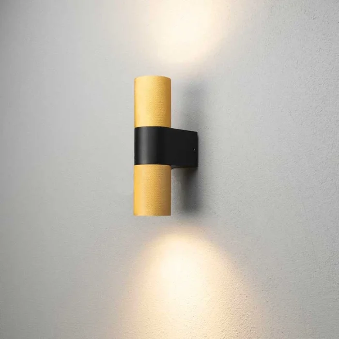 Black & gold up & down outdoor wall light for patio, entrance and garden areas