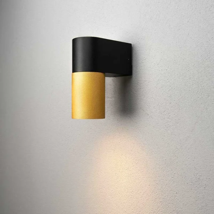 Black and gold down outdoor wall light for patio, entrance and garden areas