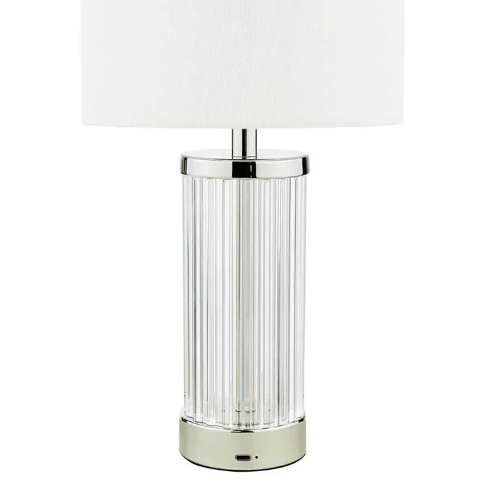 Polished Nickel Rechargeable Table Lamp With White Shade