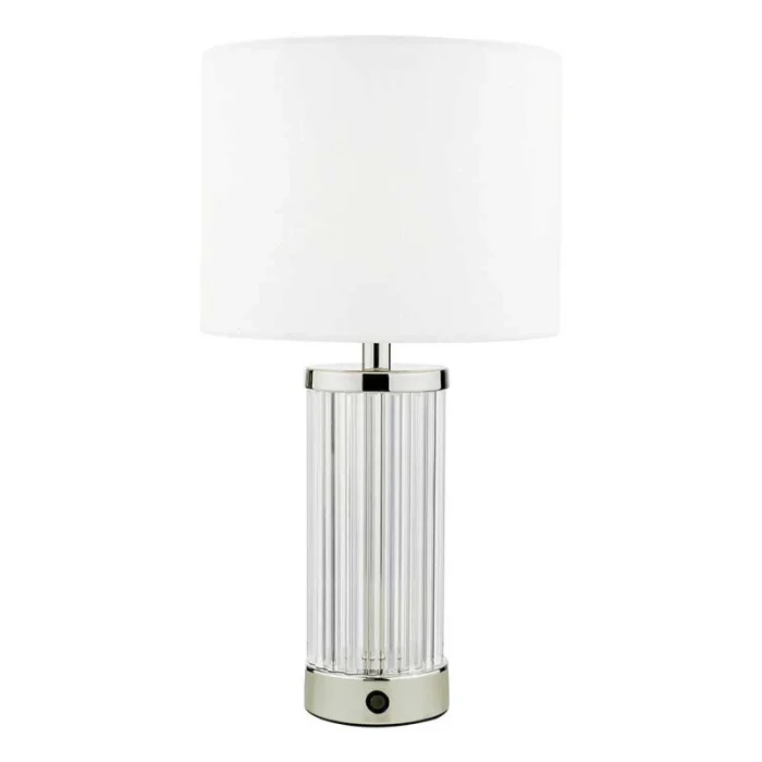 Polished Nickel Rechargeable Table Lamp With White Shade