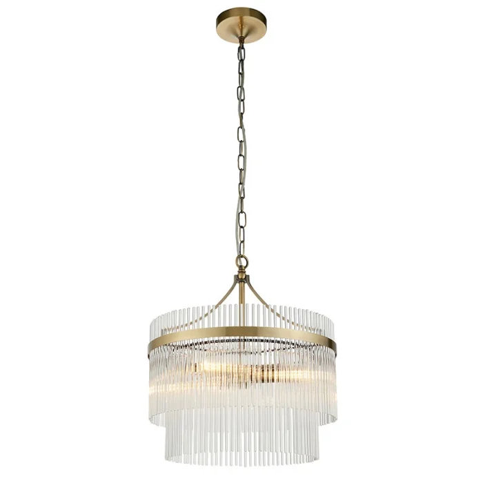 3 light pendant light in antique brass finish with clear glass