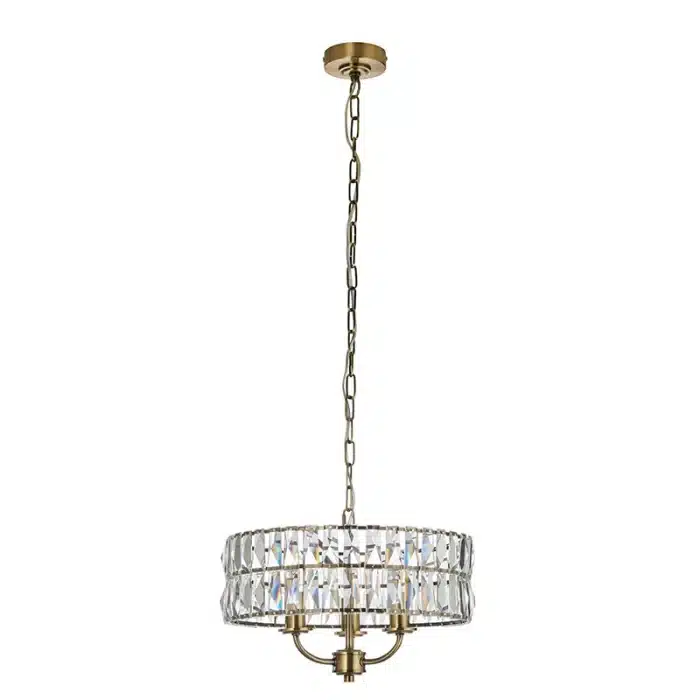 3 light pendant light in antique brass finish with clear glass